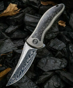 Outlet ❤️ We Knife Co. We Knife Synergy 2 Framelock Folder 912CFDS1, 3.49" Heimskringla Damasteel Tanto Plain Blade, 6AL4V Titanium with Shredded Carbon Fiber Inlay Handle 👍