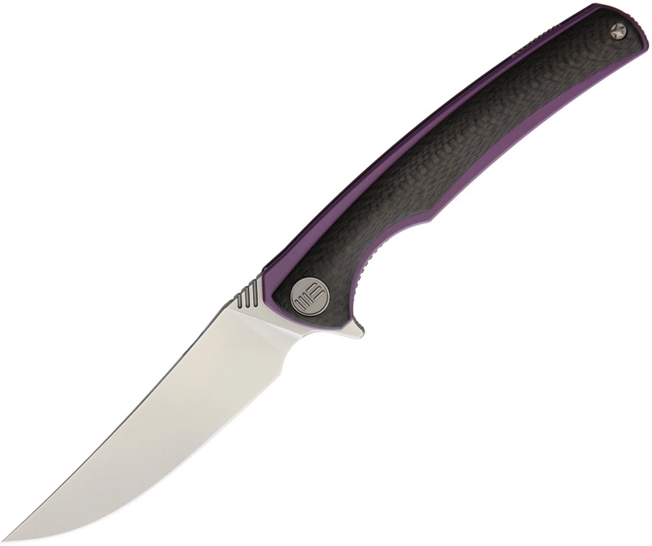 Deals 👏 We Knife Co. We Knife Model 704 Linerlock Folder 704CFA, 3.6” Bohler M390 Satin Trailing Point Plain Blade, Black Carbon Fiber Over Purple Titanium Handle 💯 1 Deals 👏 We Knife Co. We Knife Model 704 Linerlock Folder 704CFA, 3.6” Bohler M390 Satin Trailing Point Plain Blade, Black Carbon Fiber Over Purple Titanium Handle 💯