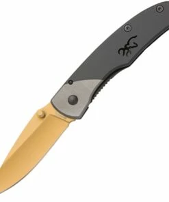 Discount ✔️ Browning Knives Browning Mountain Framelock, BR0202, 2.75" 440A Stainless Gold Blade, Titanium Handle 🎁
