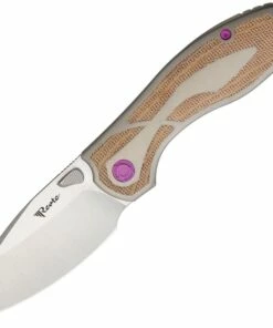 Cheapest 👏 Reate Knives Iron Thumb Stud Folding Knife , 3.25" M390 Satin Spear Point Blade, Titanium Handle with Brown Micarta Inlay, Purple Anodized Hardware ⭐