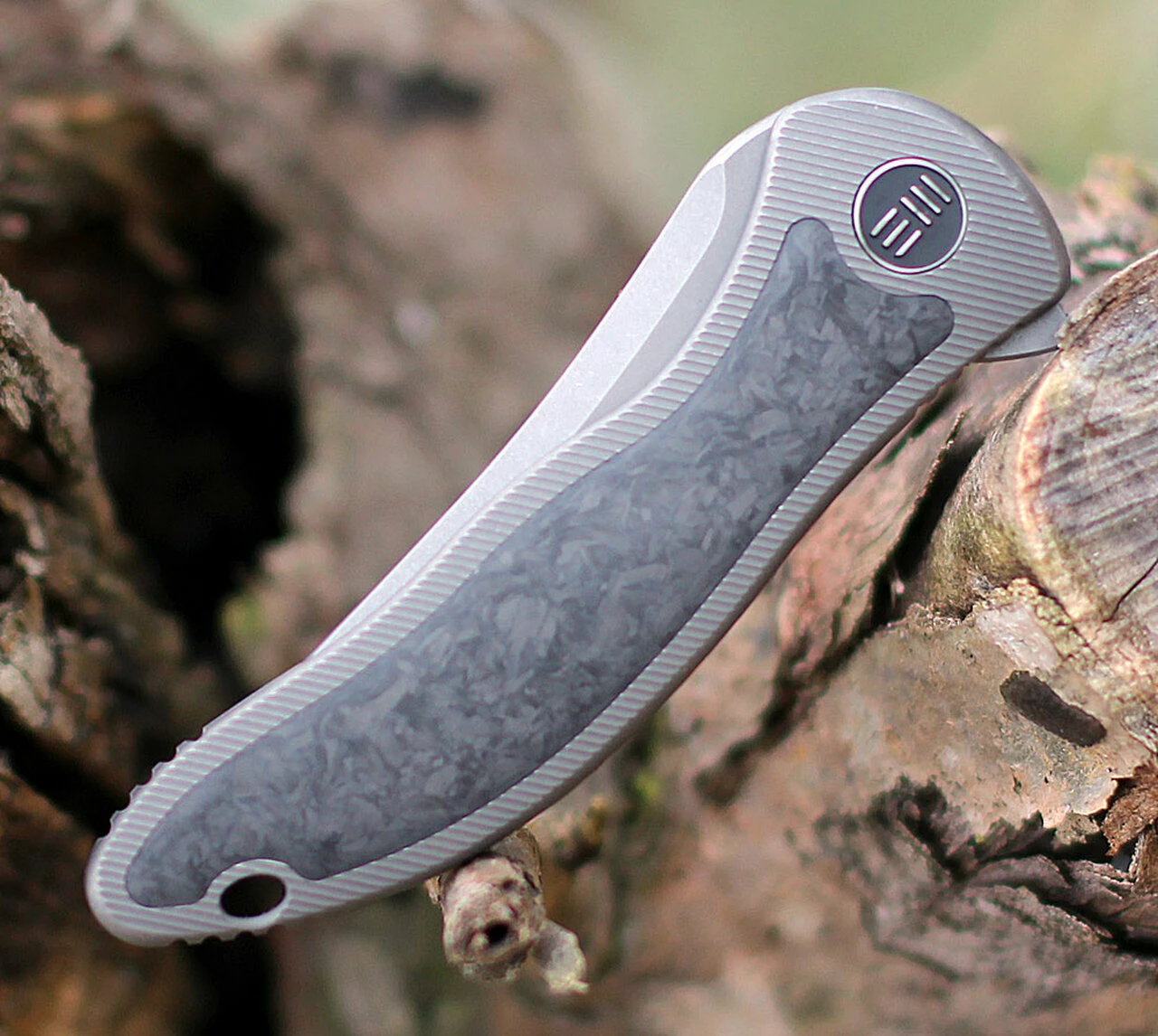 Promo ✨ We Knife Co. We Knife Mini Synergy 2012CF-A, 2.93" CPM 20CV Stonewashed Tanto Blade, Black/Gray 6AL4V Titanium w/ Shredded Carbon Fiber Inlay Handle 🔔 3 Promo ✨ We Knife Co. We Knife Mini Synergy 2012CF-A, 2.93" CPM 20CV Stonewashed Tanto Blade, Black/Gray 6AL4V Titanium w/ Shredded Carbon Fiber Inlay Handle 🔔 - Image 3