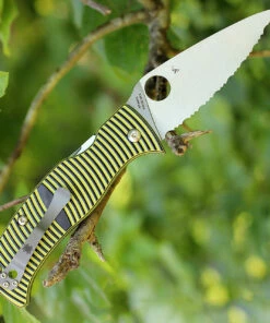 Hot Sale 😍 Spyderco Knives Spyderco Caribbean Leaf G-10 Black/Yellow C217GS, 3.70" LC200N Serrated Blade 🎁 -Automatic Knives shop 217gs 65606.1566585923