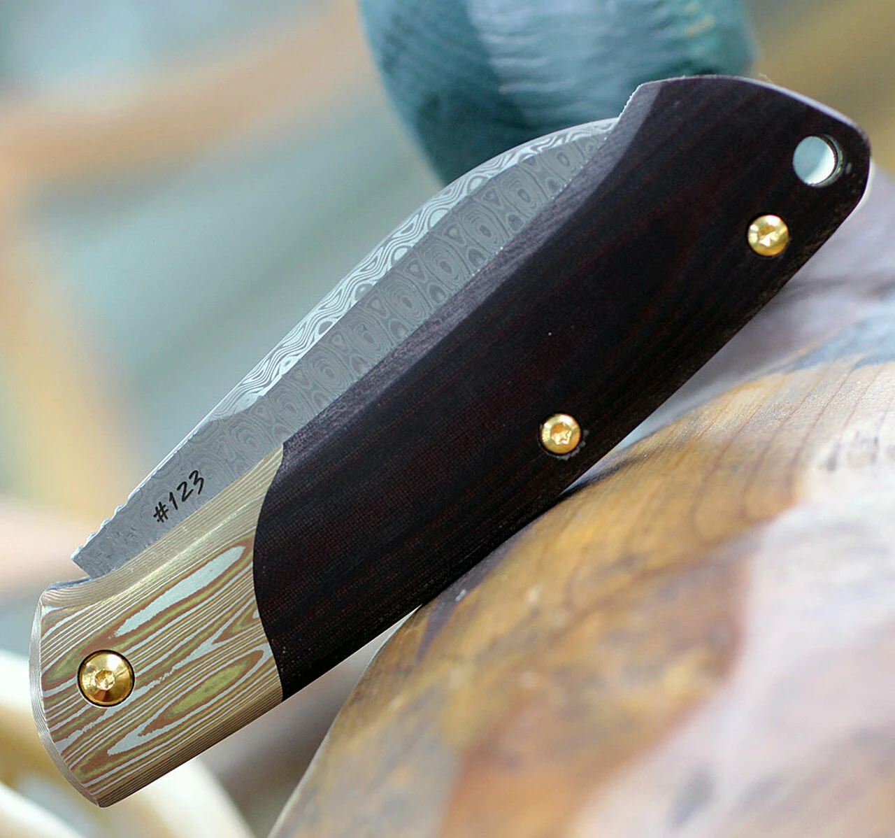 Wholesale 👏 Benchmade Knives Benchmade Proper 319-201 Gold Class - Burgundy and Black Linen Micarta (2.82" Damascus) Mokume Bolster 🌟 4 Wholesale 👏 Benchmade Knives Benchmade Proper 319-201 Gold Class - Burgundy and Black Linen Micarta (2.82" Damascus) Mokume Bolster 🌟 - Image 4
