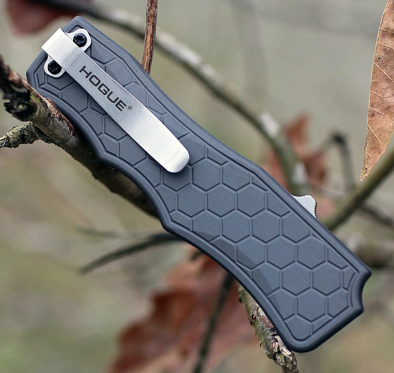 New 😍 Hogue Houge Exploit 34052 OTF, 3.5" CPM S30V Clip Point Tumbled Blade, Matte Grey Aluminum Handle ⭐ 3 New 😍 Hogue Houge Exploit 34052 OTF, 3.5" CPM S30V Clip Point Tumbled Blade, Matte Grey Aluminum Handle ⭐ - Image 3