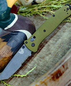 Hot Sale 🔥 Benchmade Knives Benchmade Bailout 537SGY-1, 3.38" CPM-M4 Gray Coated Serrated Tanto Blade, Green Aluminum Handle 🤩