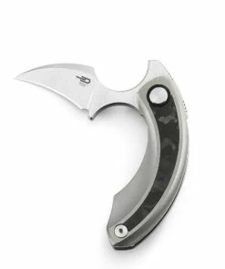 Budget 🎁 Bestech Knives Strelit BT2103D, 2.19" M390 Satin Reverse Hawkbill Plain Blade, Grey Titanium and Blue Marble Carbon Fiber Handles 😀