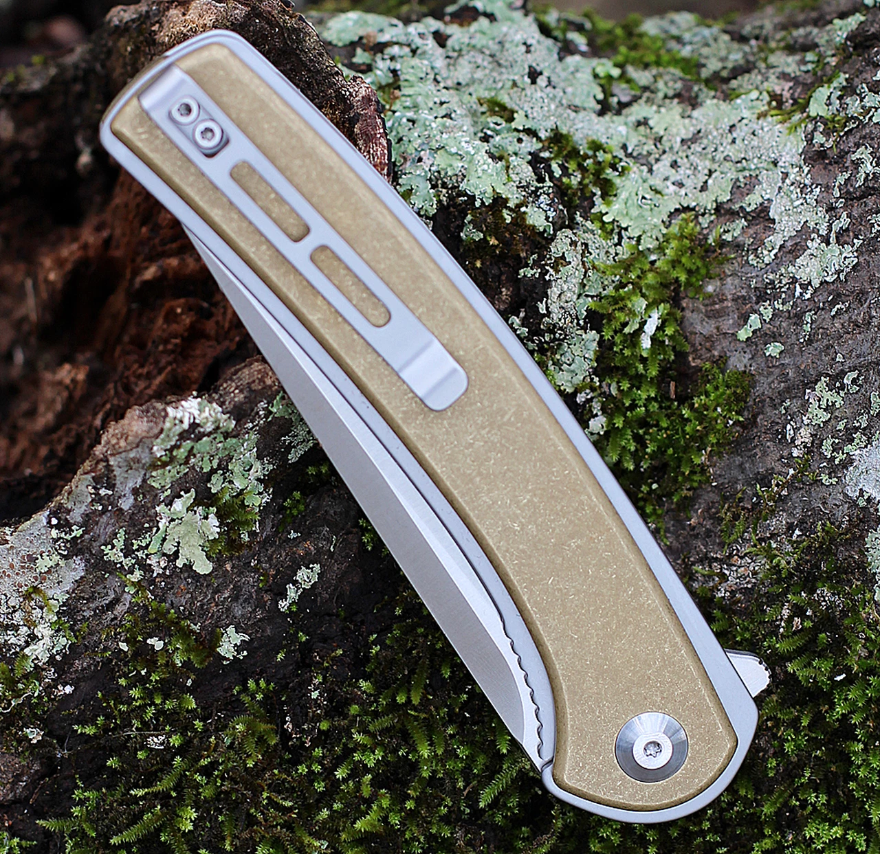 Best deal ⌛ CIVIVI Knives CIVIVI Asticus C2002E, 3.80" D2 Satin Drop Point Plain Blade, Stonewashed Brass Handles 🛒 4 Best deal ⌛ CIVIVI Knives CIVIVI Asticus C2002E, 3.80" D2 Satin Drop Point Plain Blade, Stonewashed Brass Handles 🛒 - Image 4