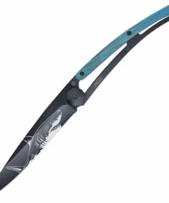 Best reviews of 😍 Deejo Knives Deejo 37g Shark DEE1GB158, 3.75" Z40C13 Black Titanium Plain Blade, Blue Beech Wood Handle 👍