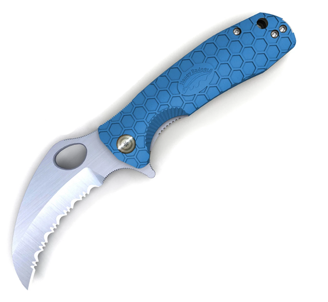 Promo 😀 Honey Badger Knives Medium D2 Claw Flipper HB1128, 3.0" D2 Claw Serrated Blade, Blue FRN Handle 👏 1 Promo 😀 Honey Badger Knives Medium D2 Claw Flipper HB1128, 3.0" D2 Claw Serrated Blade, Blue FRN Handle 👏