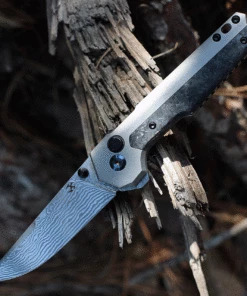 Flash Sale ⌛ Kansept Knives Kansept EDC Tac Button Lock - Gray Ti / Shred CF (3.1" Damascus) K2009A3 🧨