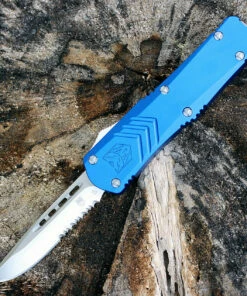 Discount 👍 CobraTec Blue FS-X OTF Knife CTKMBLUFS-XMDS, 3" D2 Steel Drop Point Serrated Blade, Blue Aluminum Handle 🤩