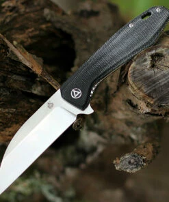 Coupon 🔔 QSP Knife QSP Pelican Linerlock QS118-D1, 3.625" CPM S35VN Stonewashed Wharncliffe Blade, Black Linen Micarta Handle ✔️