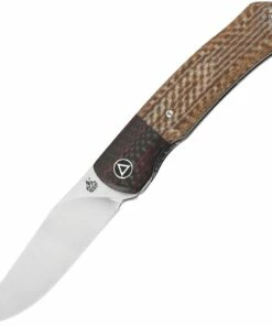 Coupon 🌟 QSP Knife Gannet Folding Knife QS137-B, 3.25" 154CM Satin Drop Point Blade, Tan Linen Micarta Handle w/ Red Carbon Fiber Bolster ⭐