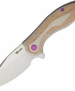 Best Sale 👍 Reate Knives Iron Flipper Knife , 3.25" M390 Satin Spear Point Blade, Titanium Handle with Brown Micarta Inlay, Purple Anodized Hardware 🤩
