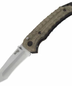 Wholesale ✔️ SOG Kiku Assisted Folding Knife KU-3003, 3.5" CPM-S35VN Satin Compound Tanto Plain Blade, Green Linen Micarta Handle 💯