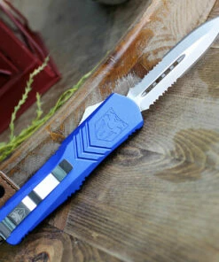 Hot Sale 🎉 CobraTec Blue FS-X OTF Knife CTKLBLUFS-XLDAG2SS, 3.75" D2 Steel Dagger Double Serrated Blade, Blue Aluminum Handle 👏 -Automatic Knives shop ctkblufs xldag2ss 31705.1583263700