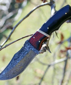 Cheap ⭐ Damascus Blade Knife Damascus 1054 Skinner, 4" Damascus Plain Blade, Black Horn Handle 💯