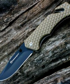 Deals 🧨 Kilimanjaro, 910032, UTAC folder, 3.5 in. Drop Point Black Satin Blade, Tan Handle 👏