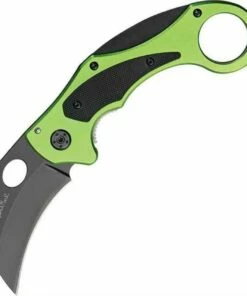 Coupon 👏 Benchmark Venom Karambit. 2 1/2" black finish stainless curved blade with thumb hole. Neon green aluminum handles. ⭐