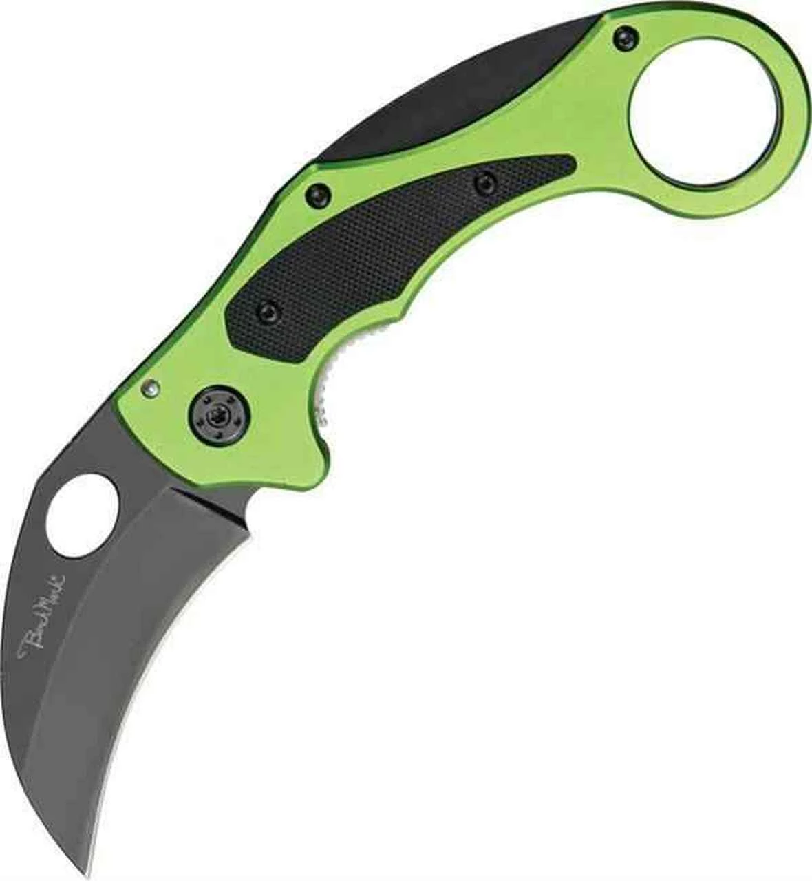Coupon 👏 Benchmark Venom Karambit. 2 1/2" black finish stainless curved blade with thumb hole. Neon green aluminum handles. ⭐ 1 Coupon 👏 Benchmark Venom Karambit. 2 1/2" black finish stainless curved blade with thumb hole. Neon green aluminum handles. ⭐