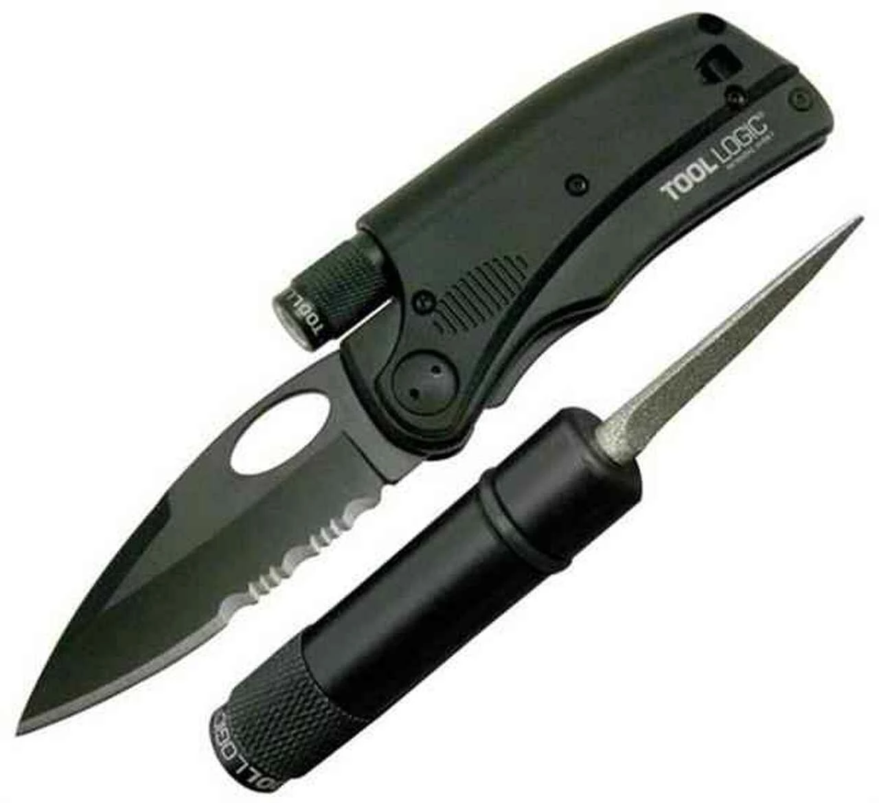 Discount 🌟 Tool Logic SLPro 3 Series Black Serrated Blade w/LED Flashlight & Diamond Sharpener ✨ 1 Discount 🌟 Tool Logic SLPro 3 Series Black Serrated Blade w/LED Flashlight & Diamond Sharpener ✨