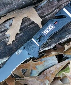 New 🛒 SOG TF106CP Trident Elite Pston Lock Folder, 3.7" AUS-8 Black TiNi Coated Clip Point Combo Blade, Black GRN w/ Silver Stainless Steel Handle ✨