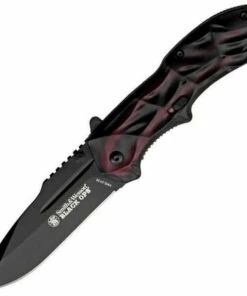 Best Sale 🎉 Smith and Wesson Smith & Wesson Black Ops Linerlock. Red and black handles. 3 1/2" black finish 4034 steel speed assisted, Plain Edge 👏
