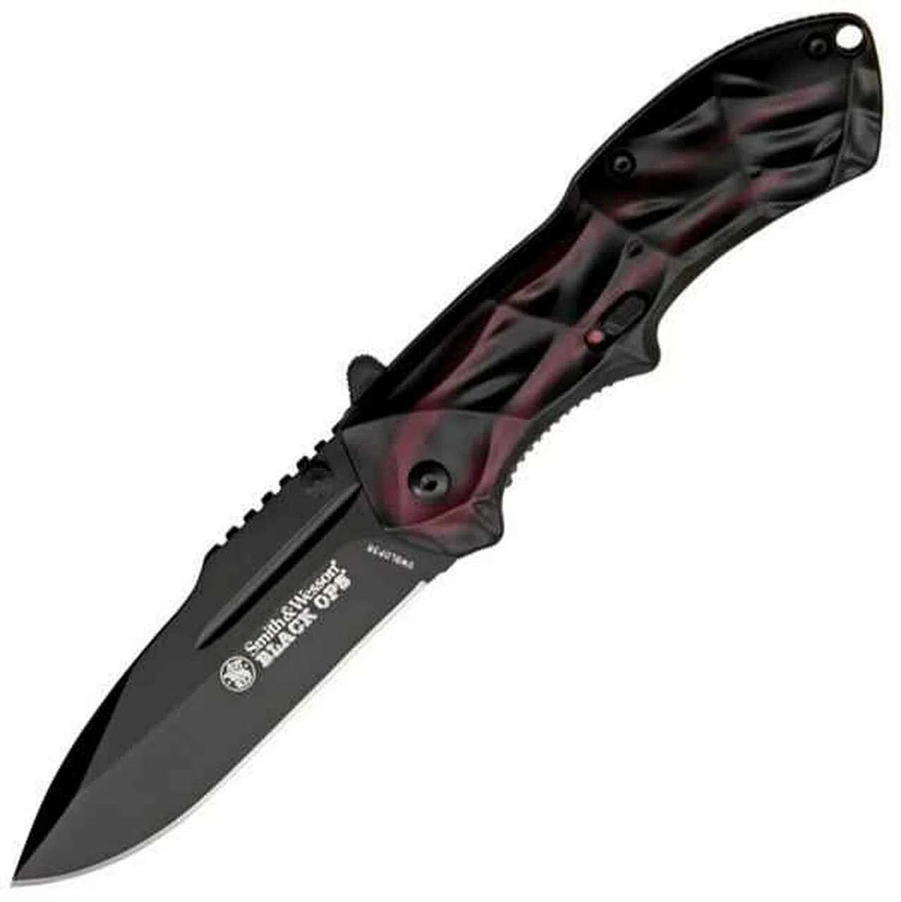 Best Sale 🎉 Smith and Wesson Smith & Wesson Black Ops Linerlock. Red and black handles. 3 1/2" black finish 4034 steel speed assisted, Plain Edge 👏 1 Best Sale 🎉 Smith and Wesson Smith & Wesson Black Ops Linerlock. Red and black handles. 3 1/2" black finish 4034 steel speed assisted, Plain Edge 👏