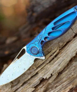 Top 10 ⭐ Rike Knife MINI Hummingbird Framelock, 1.57" Damascus Plain Blade, Blue Titanium Handle 😀