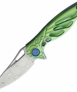New 🎁 Rike Knife MINI Hummingbird Framelock, 1.57" Damascus Plain Blade, Green Titanium Handle 😀