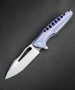 Promo 👍 Rike Knife THOR5PB Framelock, 3.75" M390 Plain Blade, Purple/Blue Titanium Handle 👍