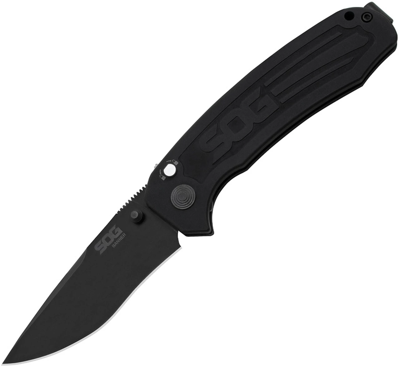 Deals 🤩 SOG BA1001BX Banner Button Lock Folder, 3.5" S35VN Black Drop Point Plain Blade, Black Aluminum Handle ❤️ 1 Deals 🤩 SOG BA1001BX Banner Button Lock Folder, 3.5" S35VN Black Drop Point Plain Blade, Black Aluminum Handle ❤️